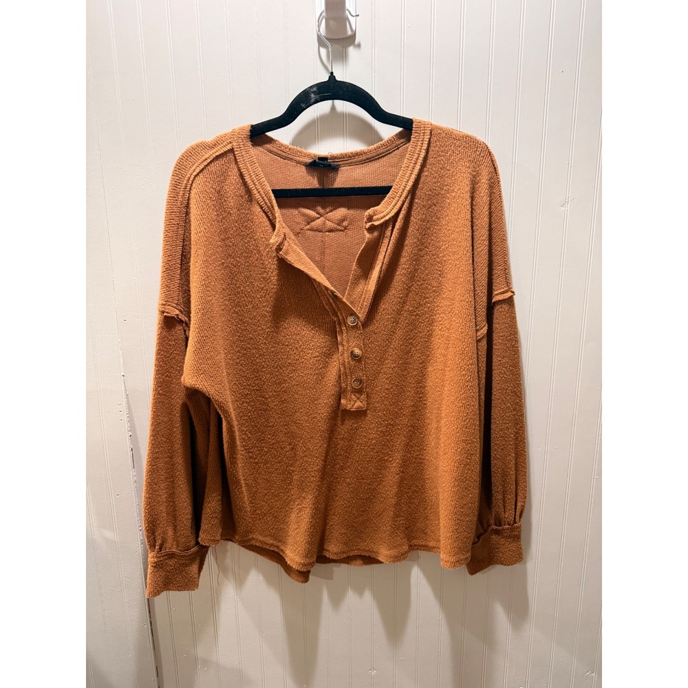 Blu Pepper Womens Rust Orange Waffle Knit Henley Top Long Sleeve Exposed Seam L